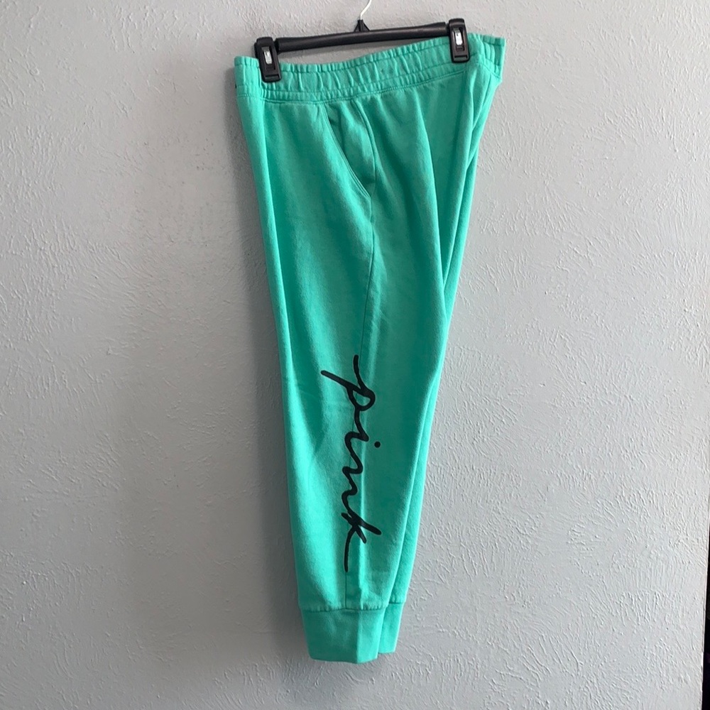 PINK Victoria's Secret Teal Track Joggers with Black Script